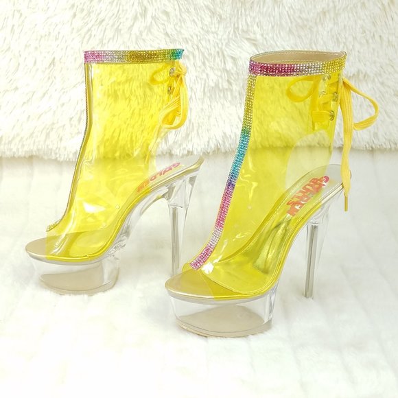 Yellow Clear Platform Heels Shoes Rhinestone Trim Golden Bulls - Picture 3 of 14